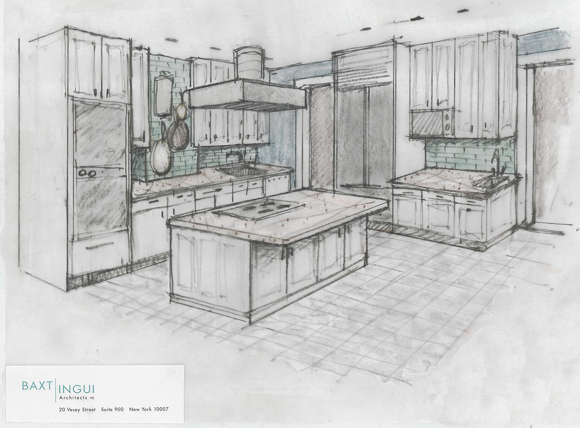 Scan of a pencil sketch detailing a concept for a Brooklyn kitchen. Custom cabinets, island with stove, and range hood above.